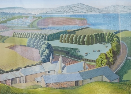 Eric Peyman, in the style of Eric Ravilious (1903-1942), gouache, Farmstead before the coast, signed and dated '47, 33 x 47cm. Condition - good